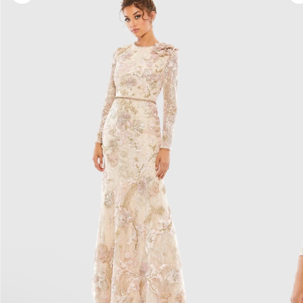 Mac Duggal Cream and Tan Long Sleeve Gown